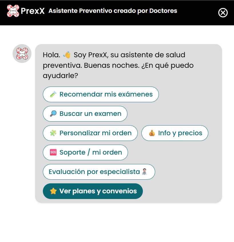 Ventana de chat de PrexX, asistente preventivo creado por doctores